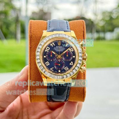 PPM Super Copy Rolex Cosmo Daytona Blue Face Diamond Gold Case Leather Strap Watch 